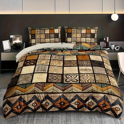 3-częściowy Zestaw Poszewki na Kołdrę w Stylu Retro, Geometryczny Patchwork, Nadruk HD, Pościel na Cały Sezon z Poszewkami na Poduszki do Dekoracji Domu i Akademika