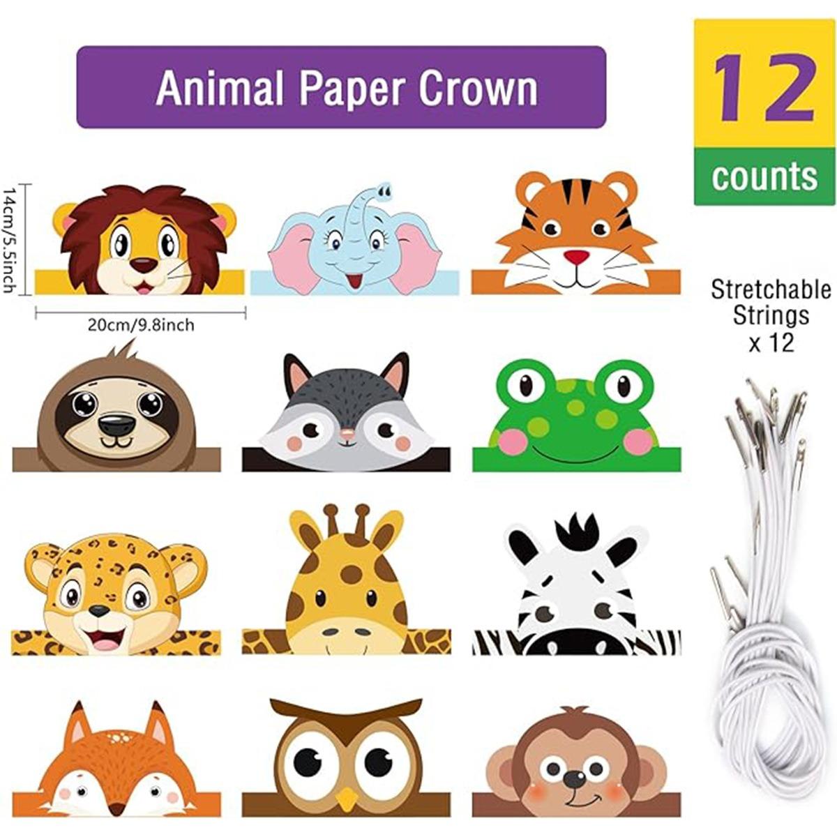 

12 шт., повязка на голову с изображением животных джунглей, джунгли, сафари, лев, жираф, слон, детская корона для дня рождения, игровые шапки для вечеринки в джунглях