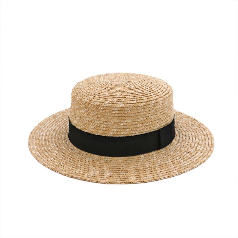 Straw straw hat French British Panama flat top straw hat woven women's summer vacation seaside beach top hat