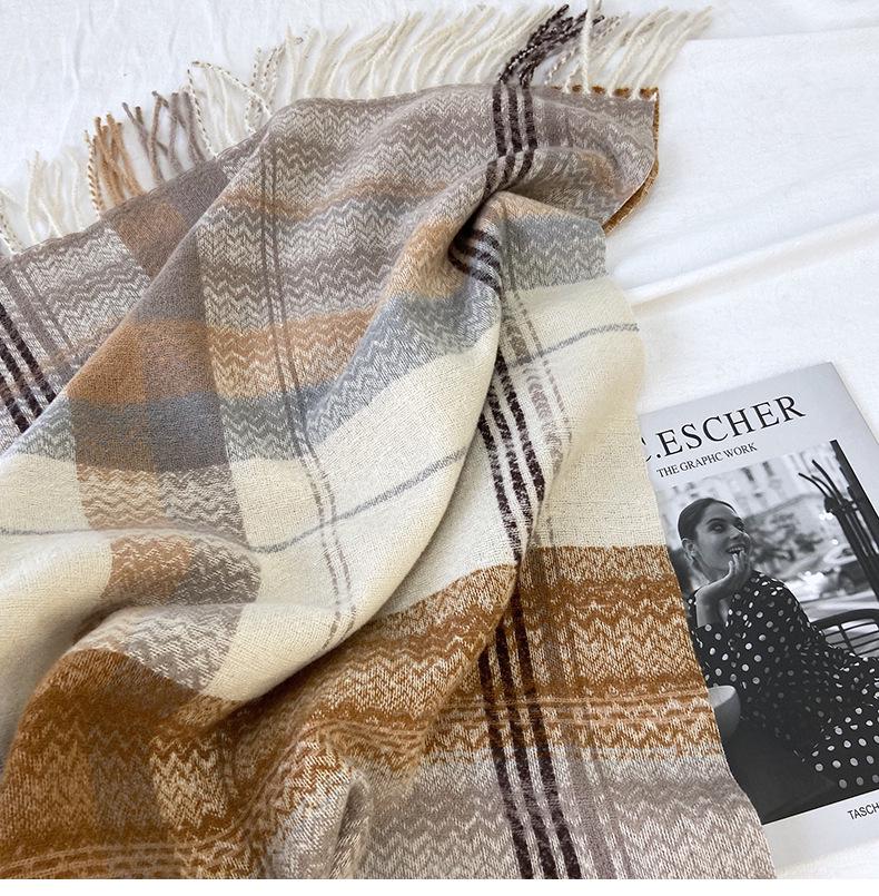 Women's High-End Plaid Tassel Shawl - Imitation Cashmere, Thickened & Warm for Autumn/Winter