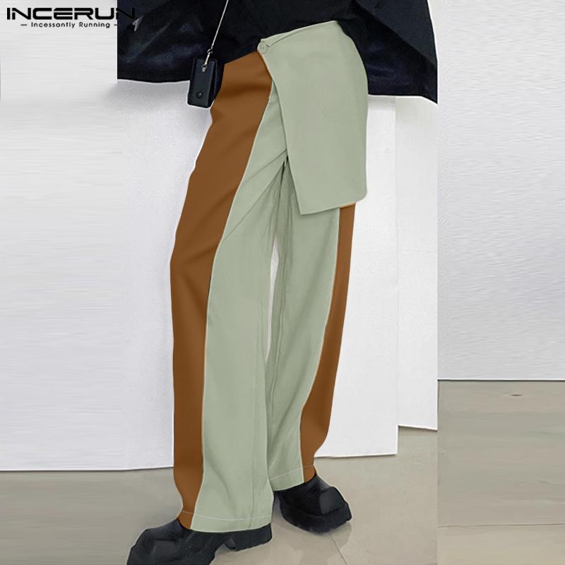 INCERUN Men Casual Zipper Waist Patchwork Wrap Loose Straight Pants