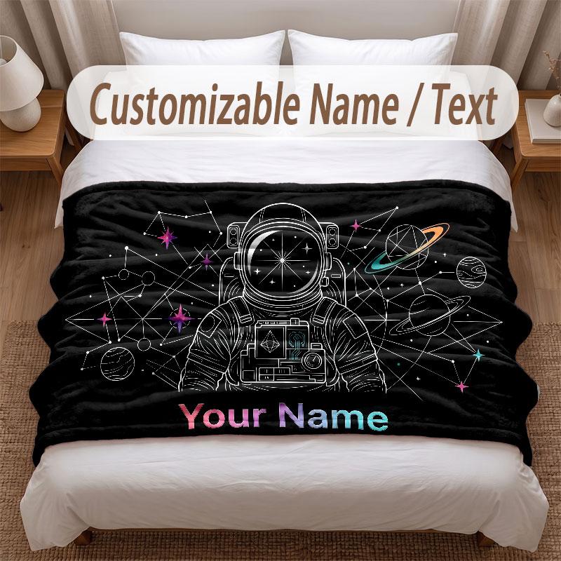 Astronaut Space Theme Soft Blanket Personalized Custom Name Text Print Warm Blanket Home Sofa Bedroom Decor