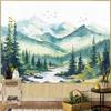 Watercolor Forest Mountain Tapestry Green Nature Pine Tree River Wall Tapestry for Bedroom Aesthetic Misty Woods Birds Small