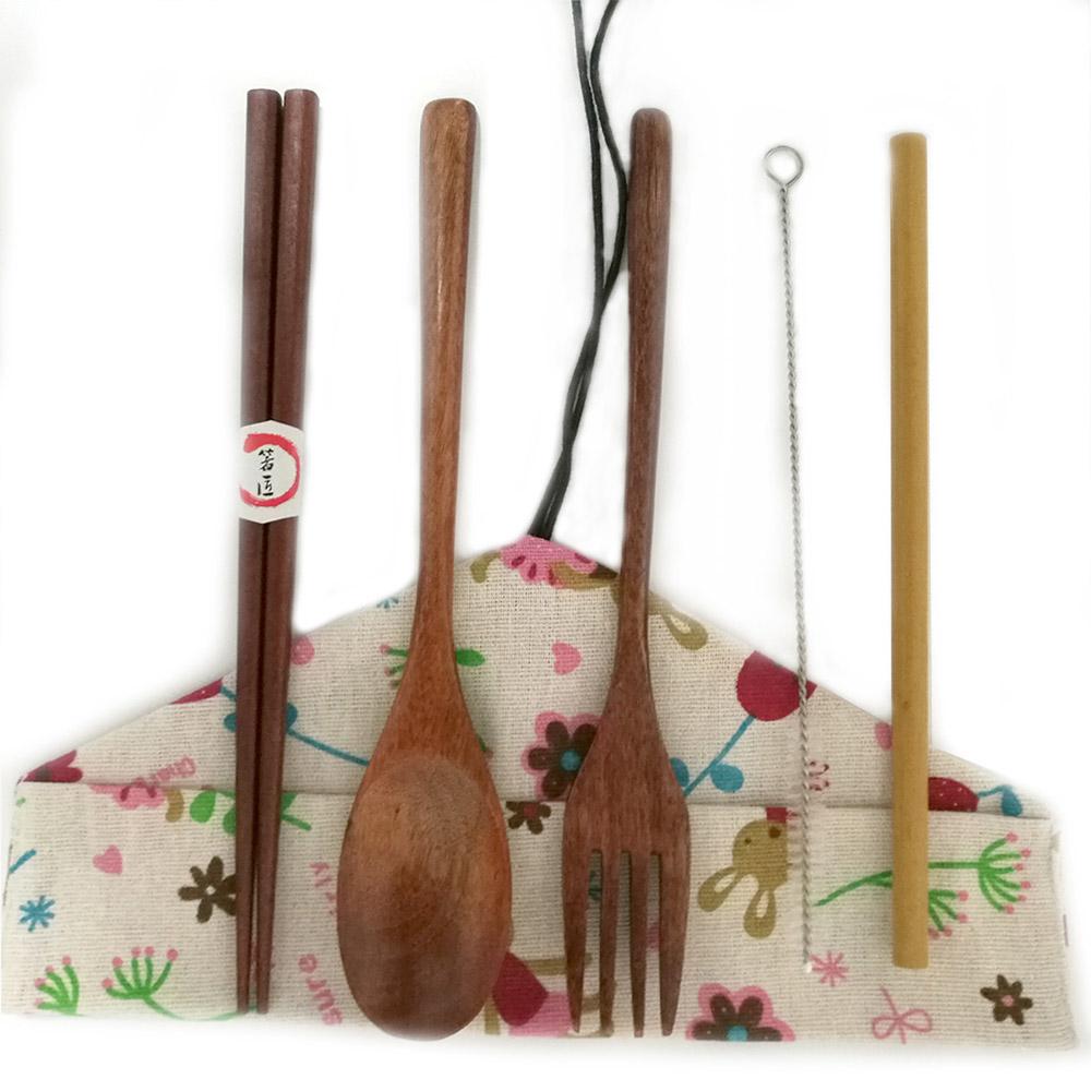 6pc/set Wooden Tableware Set Portable Cutlery Sets with Useful Spoon Fork Chopsticks Travel Gift Dinnerware Suit with Cloth Bag
