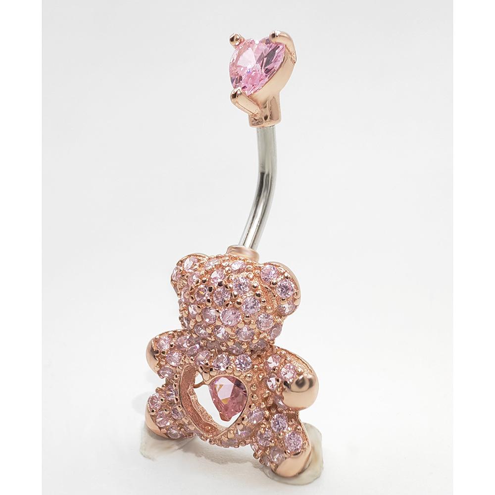 S925 Sterling Silver Pink Bear Umbilical Nail Light Luxury Fashion Sense Smart Bellybutton Button Human Body Puncture Jewelry
