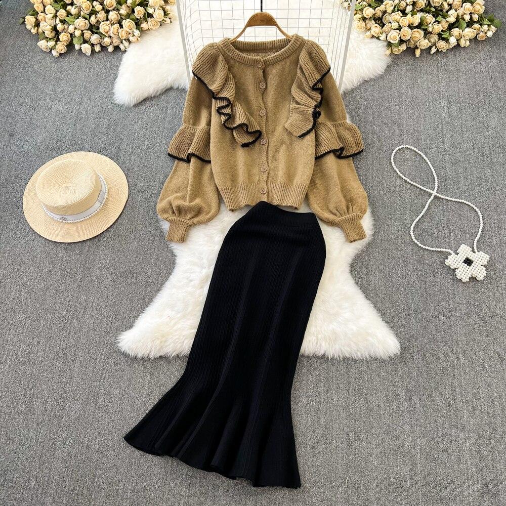 

Модний жіночий костюм у стилі ретро з круглим вирізом, светр із рюшами, жакет-кардиган + спідниця з високою талією з двох частин One Size верблюд