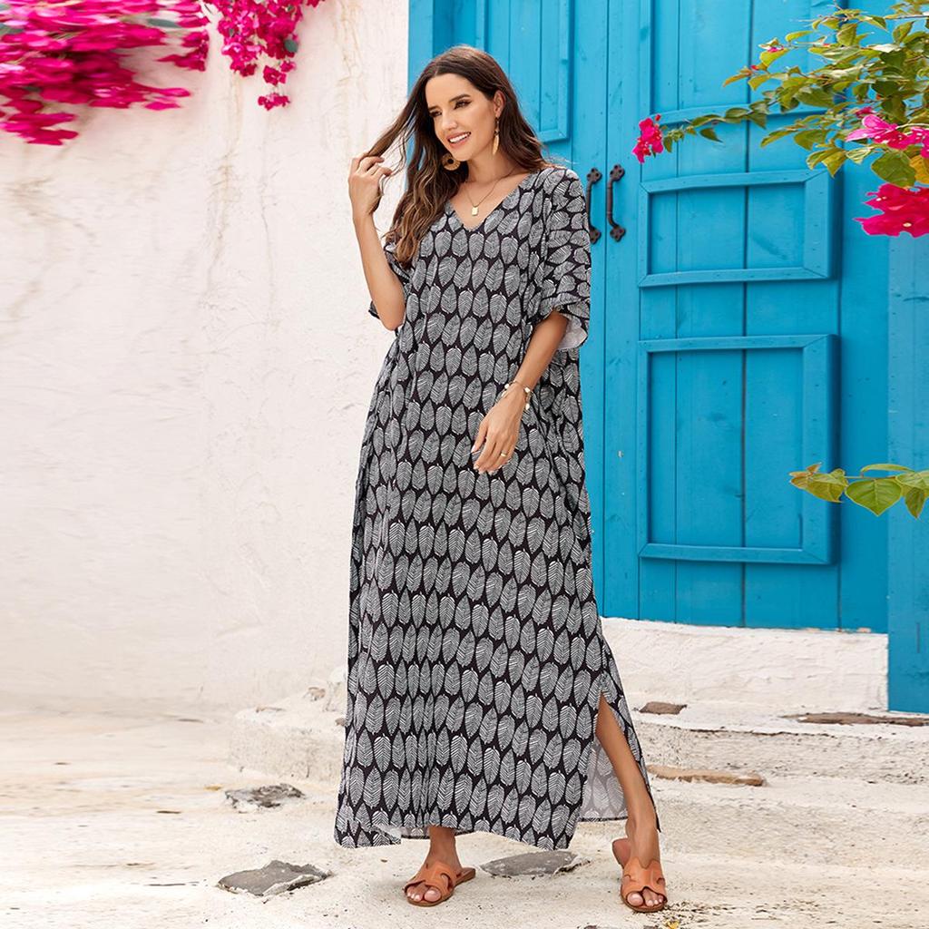 Bedruckter V-Ausschnitt Strandüberwurf: Europäischer & Amerikanischer Stil Lockerer Bademantel für Strandurlaube