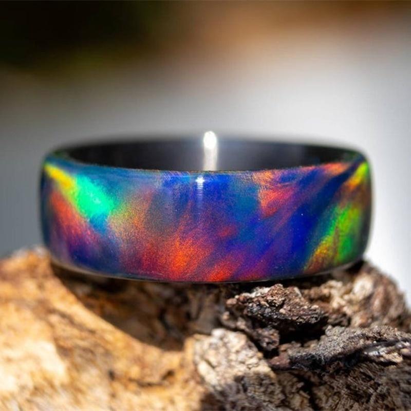 Natural Rainbow Opal Ring Fire Opal Ring Carbon Fiber Lining Iridescent Color Changing Opal Rings for Women Engagement Jewelry Anniversary