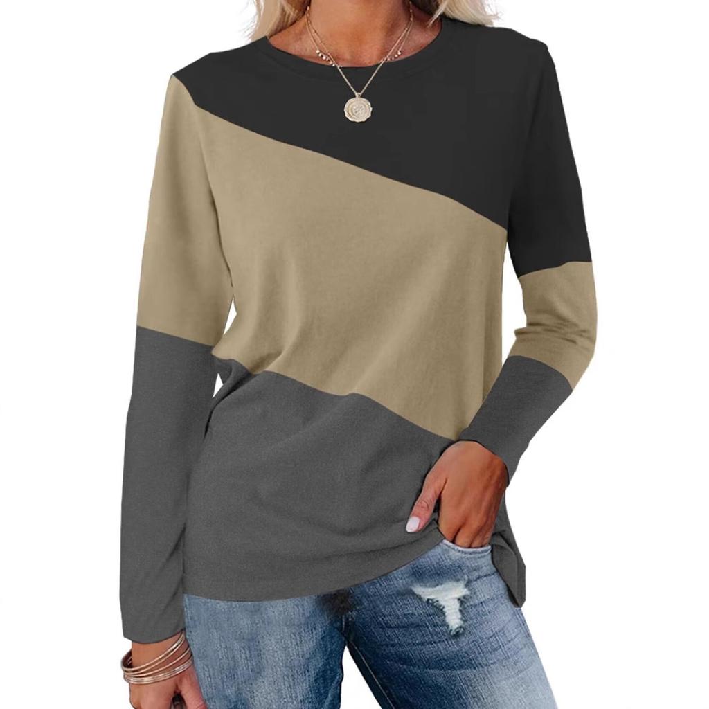 Fashion Color Blocked Long Sleeved Top with Personalized Contrasting Design for Women's Casual T-shirts