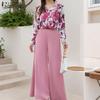ZANZEA Women Long Sleeve Print Blouse and Wide Leg Pants Casual Two Piece Suit Sets