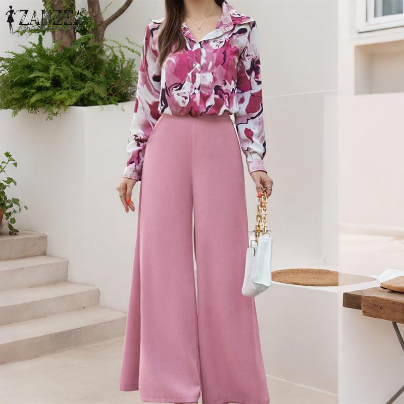 ZANZEA Women Long Sleeve Print Blouse and Wide Leg Pants Casual Two Piece Suit Sets