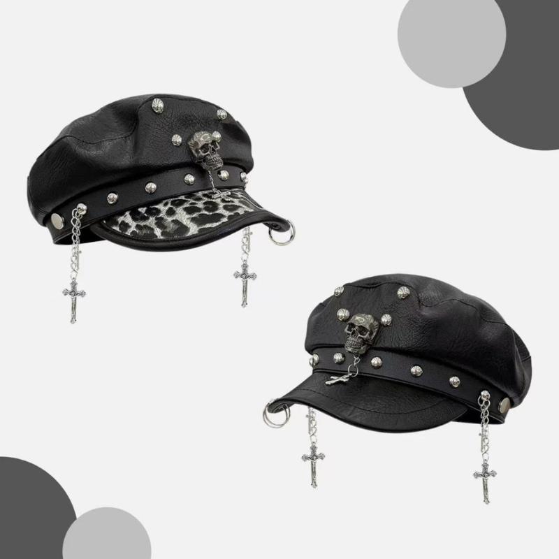 2000s Punk Rivet Studded Cricket Cap With Skull Crossed Decor Beret Hat For Women Western Theme Party Casual Outfit Accessory