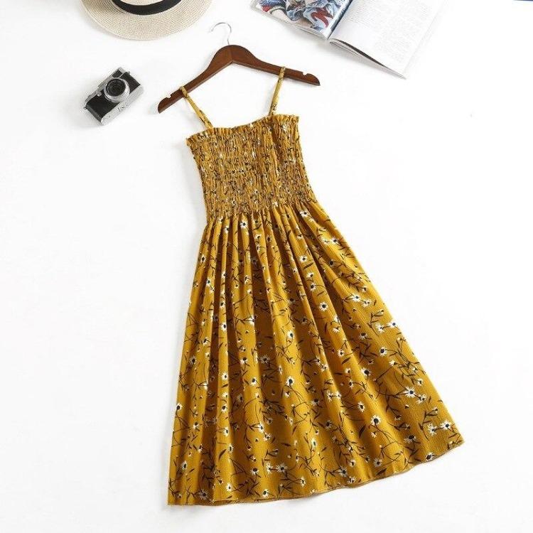 2023 Sommer Blumenbedrucktes Chiffon Mini Kleid Damen Lässig Mode Spaghetti Träger Ärmellos Elastisches Hochtaillenkleid