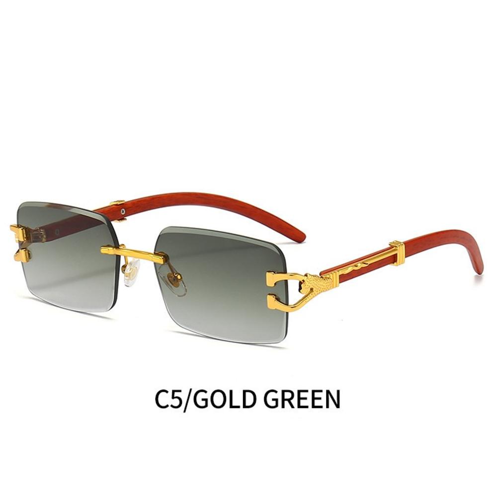 Gafas de Sol Cuadradas Vintage Sin Montura Mujer Hombre Lujo Populares Viaje Conducir Metal Cabeza de Leopardo Gafas de Sol UV400