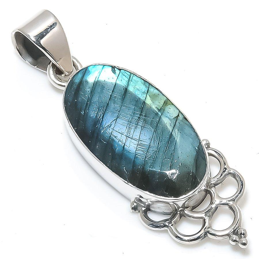 Natural Labradorite Gemstone 925 Solid Sterling Silver Gift Pendant 1.75" G0e69