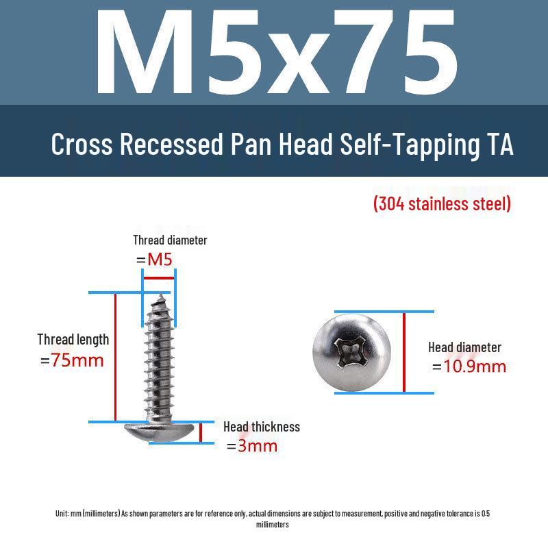 304 Stainless Steel Large Flat Head Self-Tapping Screws, TA Umbrella Head, Pointed Tail, M2-