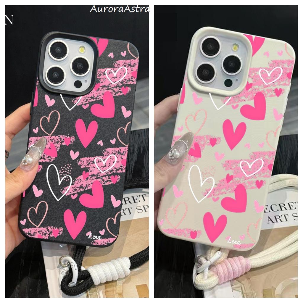 Pink Hand-Draw Heart Protective Phone Case For iPhone 17 16 16e 15 14 13 12 Pro Max 11 Plus Shockproof Lichee Pattern Funda