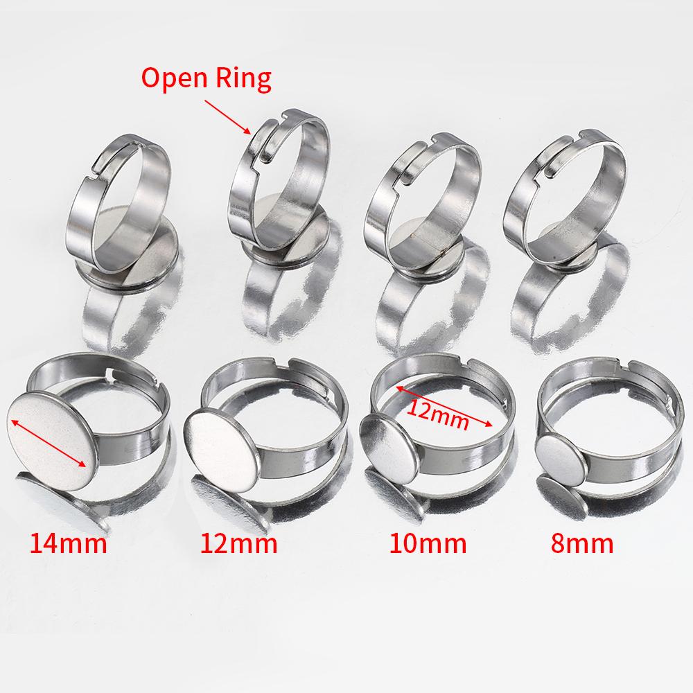10pcs 8/10/12/14mm Stainless Steel Adjustable Ring Bezel Settings Blank Cabochons Base Tray  for DIY Jewelry Making  Supplies