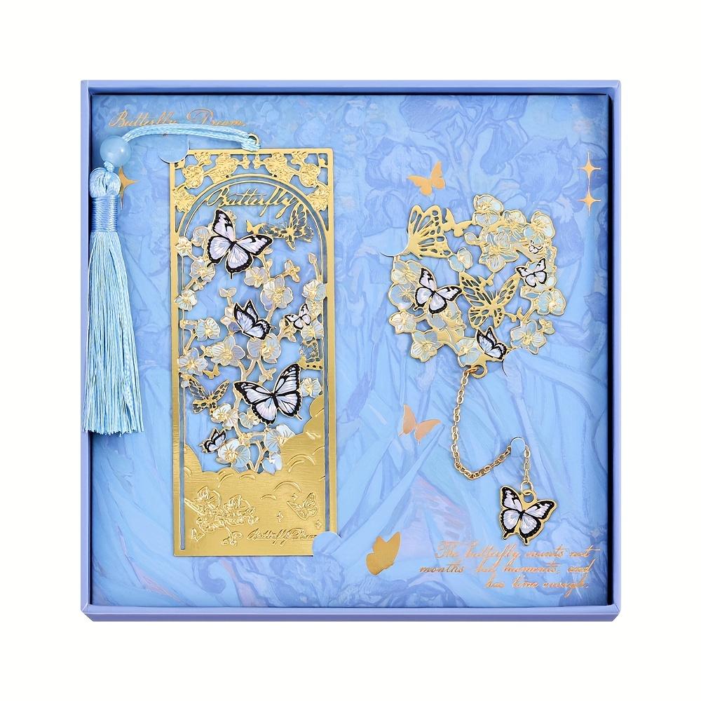 Butterfly Bookmarks with Metal Chain, Vintage Golden Hollow Bookmarks Set, Birthday Christmas Gifts, Planner Accessories (Blue,14.8*14.8cm)