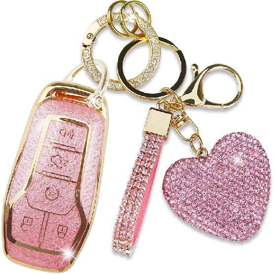 Key Fob Cover With Heart Keychain, Girly Car Key Shell Case For Women, Compatible With Ford Fusion Mustang F150 Edge Explorer Lincoln MKZ MKC MKX