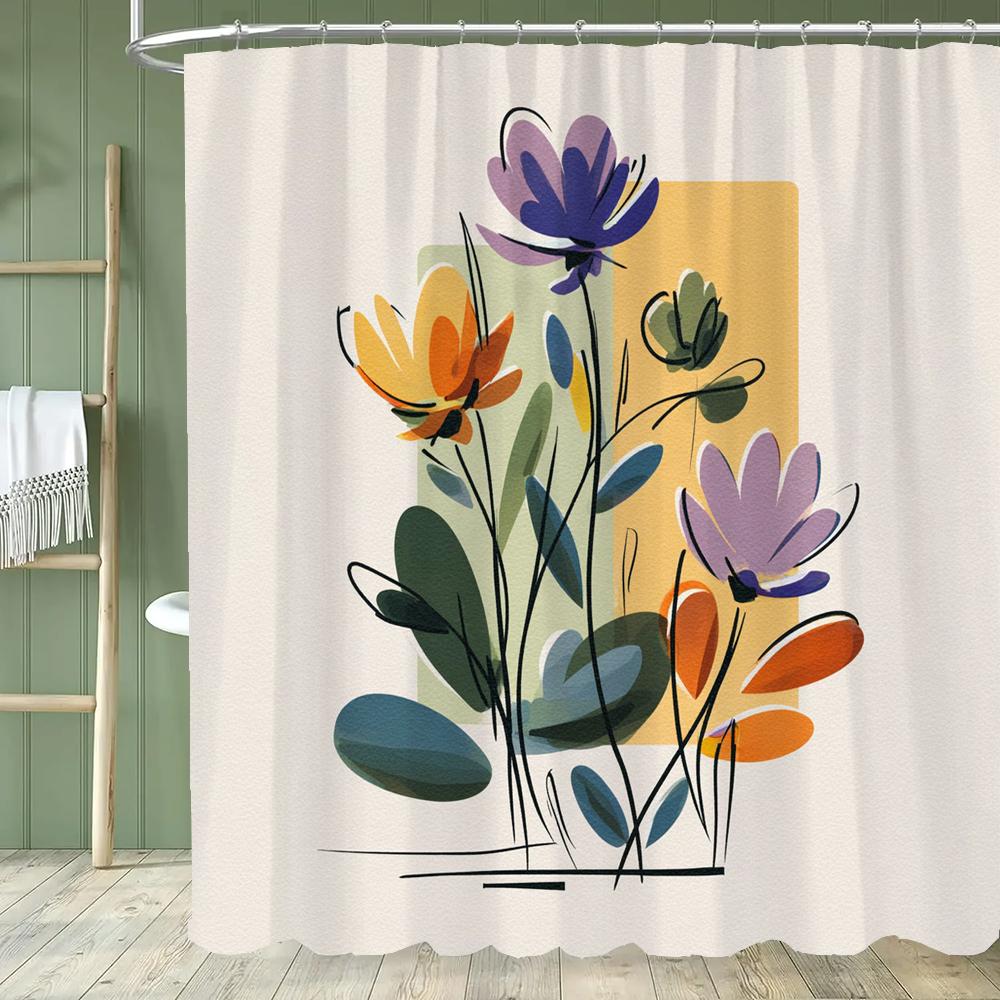 1pc Modern Minimalist Flowers Shower Curtain Floral Design Perfect Bathroom Decorative Bathroom Shower Curtain With Hooks
