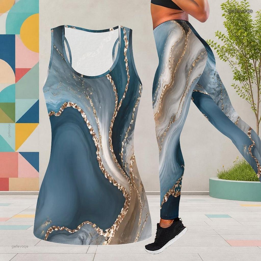 Women Plus Size Two Piece Set Scoop Neck Sleeveless Longline Tank Top Fitted Colorful Printed Pants