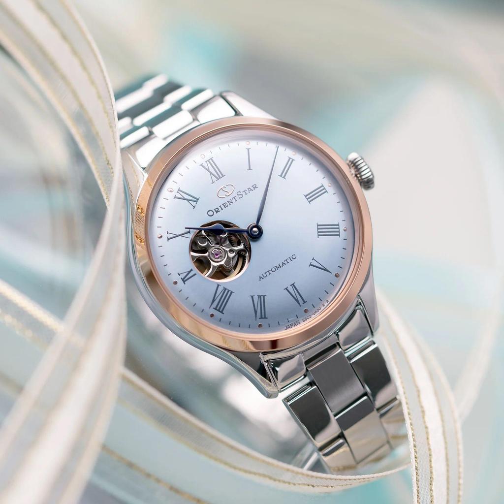 ORIENT STAR Klasyczny damski zegarek z niebieską tarczą typu semi-skeleton RE-ND0020L