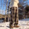 Autumn and winter Maillard woolen plaid pants men's and women's American straight casual pants loose and piled thickened couple wide-leg pants