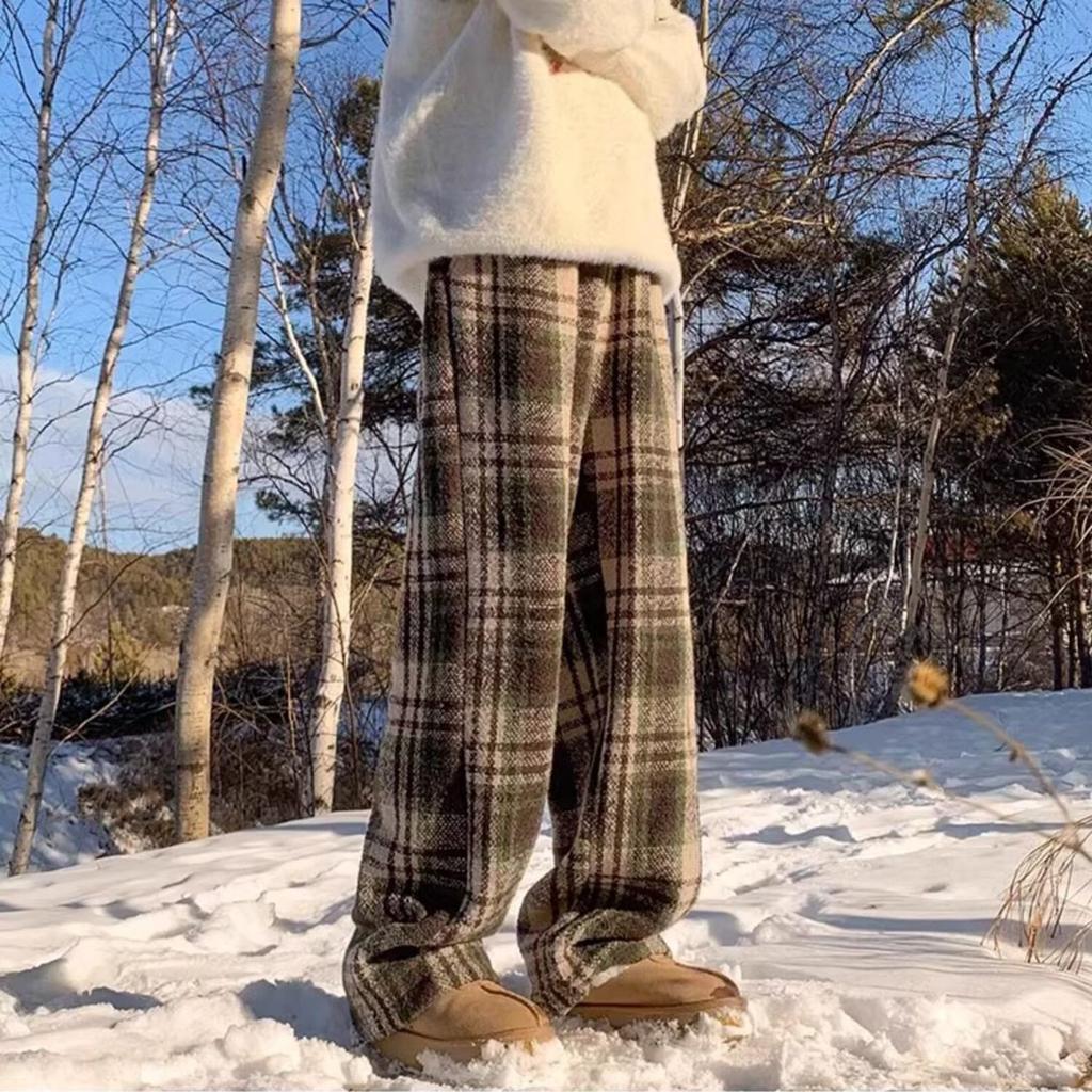 Autumn and winter Maillard woolen plaid pants men's and women's American straight casual pants loose and piled thickened couple wide-leg pants