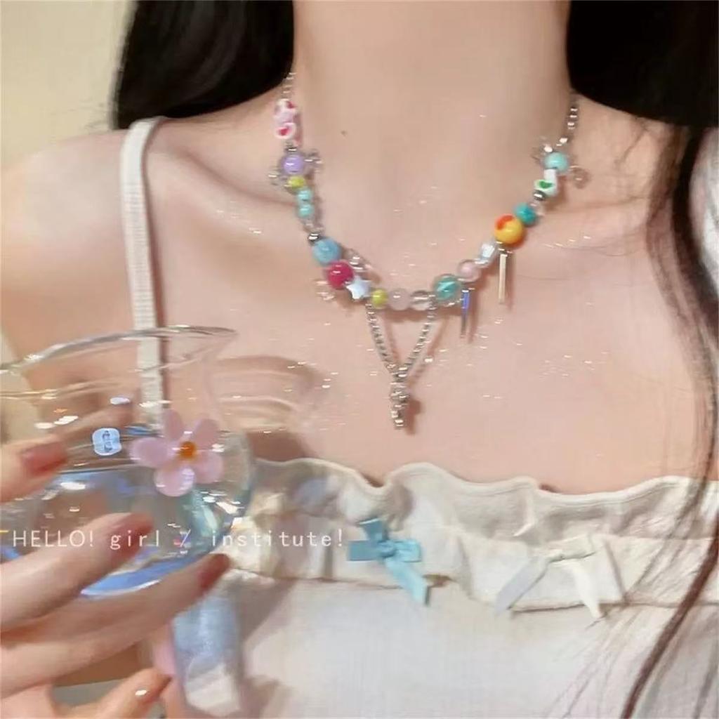 Summer dopamine color beaded necklace exquisite niche sweet neck chain elegant bow collarbone chain choker