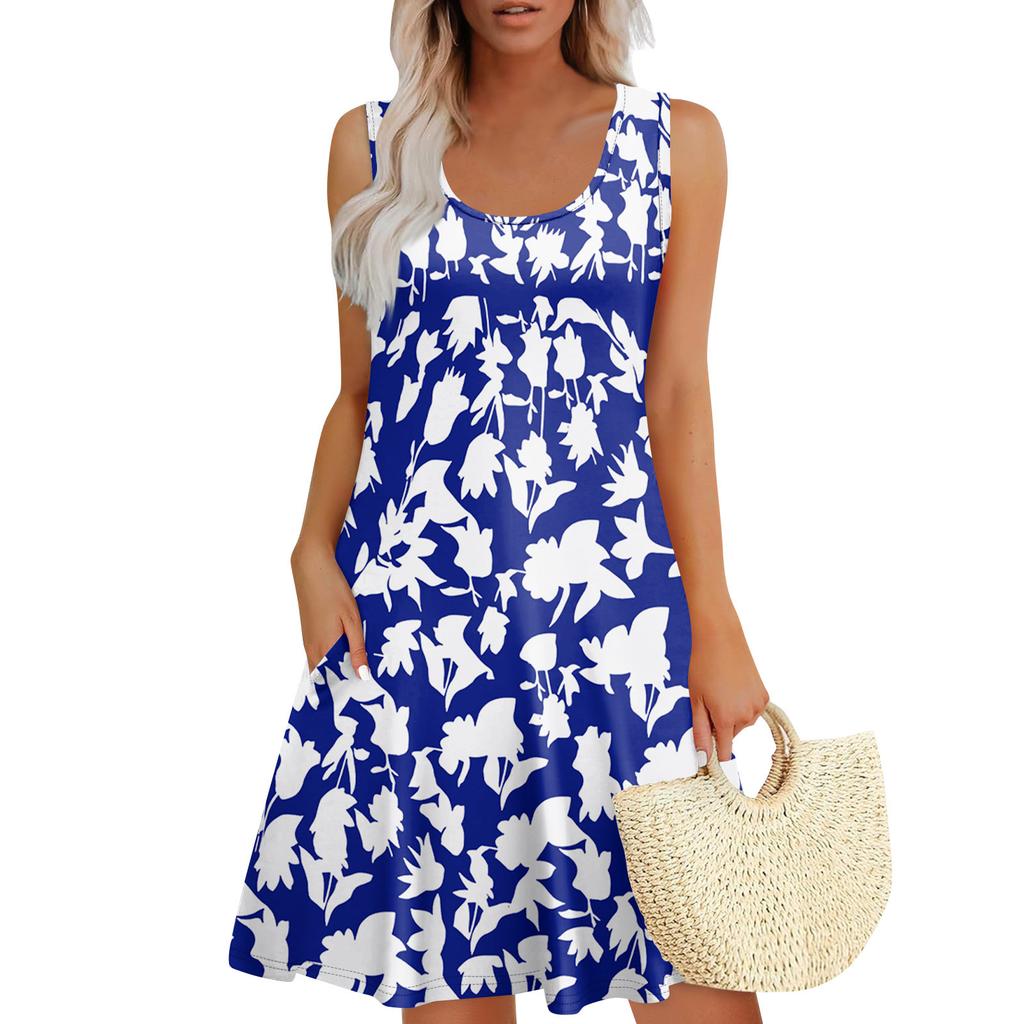 Women's Summer Casual U-shaped Tie Pocket Popular Floral Print Dress