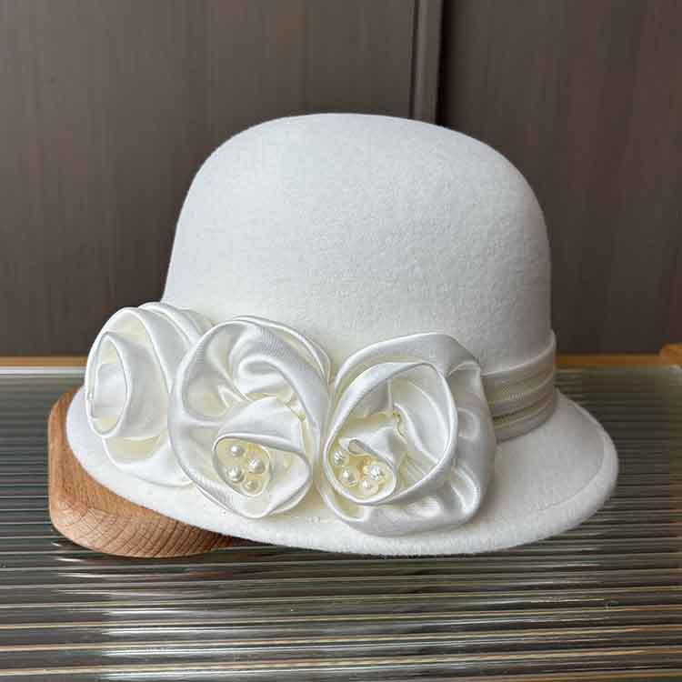 European And American Xiaoxiangfeng Satin Flower Fashion Hat, Small Edge Autumn And Winter Dome Thermal Basin Hat, Women'S Wool Woolen Top Hat