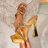 Gold Cross Strap Square Toe Platform High Heel Sandals