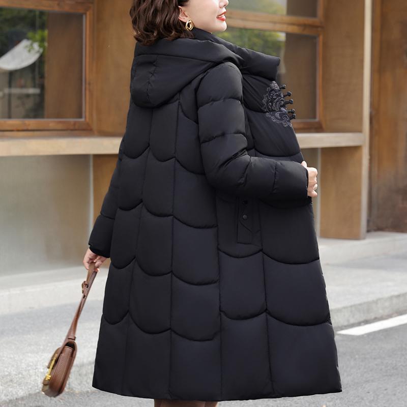 Plus Size XL-6XL Middle Age Women Winter Long Coats Hooded Elegant Thick Warm Embroidery Parkas Female Jackets