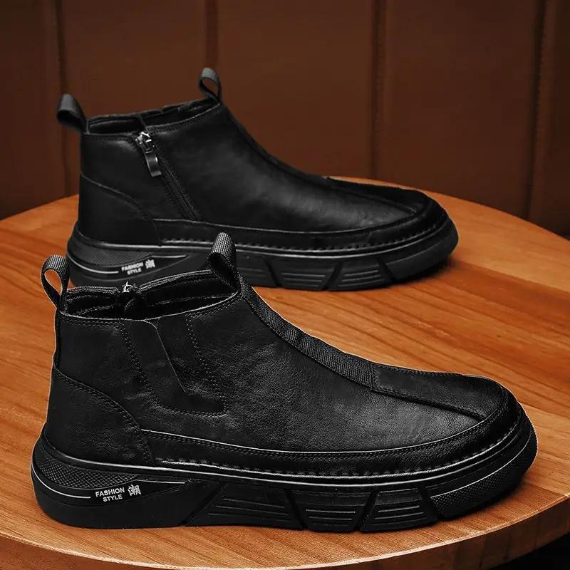 Fashion Leather Shoes for Men High Top Slip-on Quality Fashion Free Delivery Shipping Man Casual Chelsea Boots Retro Classic Original Pu