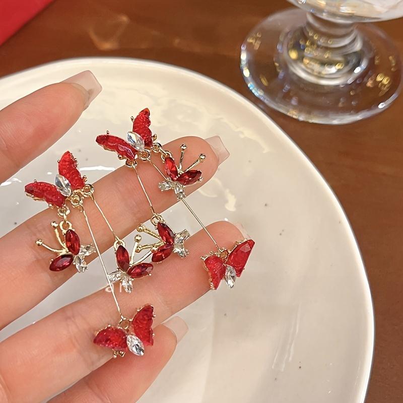 Elegante Sexy Rote Schmetterling Hängeohrringe mit Strasssteinen, Legierung Quaste Lange Ohrringe ohne Plattierung, Modische Ohrnadel