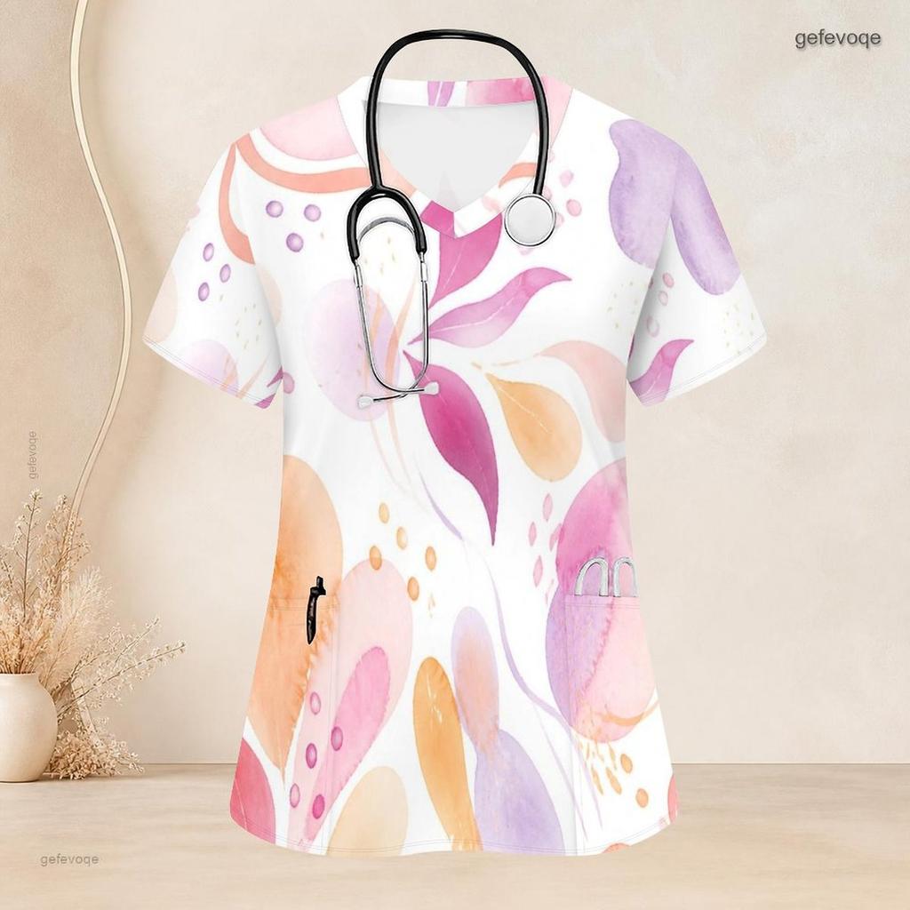 Women Plus Size V Neck Short Sleeve Printed Nurse Scrub Top With Front Pockets