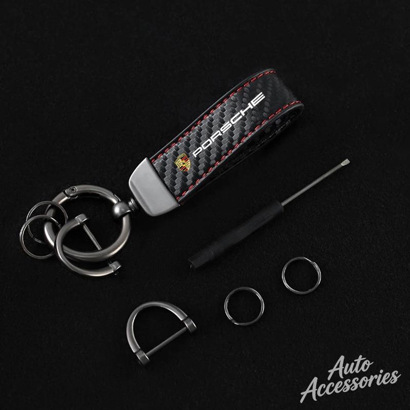Portachiavi per Auto in Pelle Fibra di Carbonio Ciondolo Chiave Portachiavi Per Porsche Cayenne Panamera Macan 911 718 Taycan Boxster Cayman 918 Pajun
