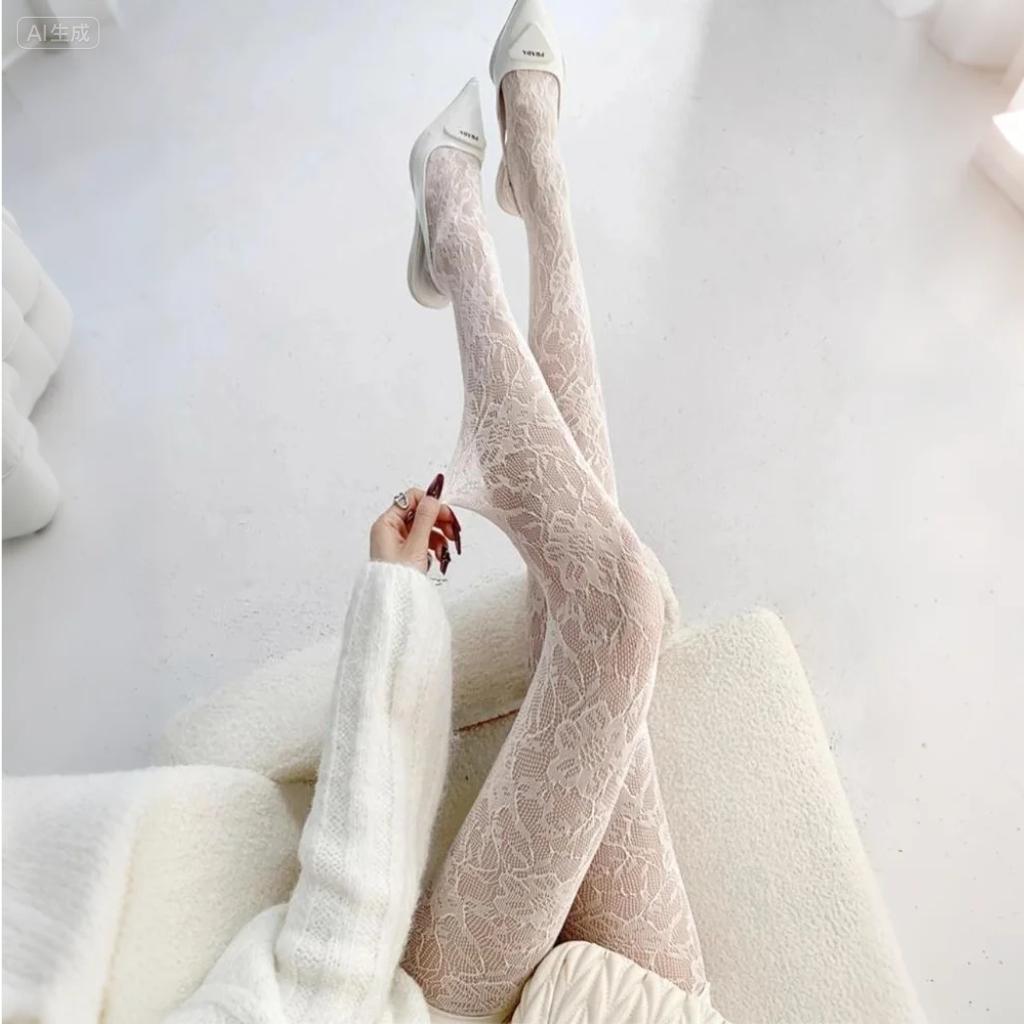 White Socks Women Sexy Fishnet Stockings Femme Summer Thin Flower Mesh Pantyhose Elastic Slimming High Waist Hollow Out Tights
