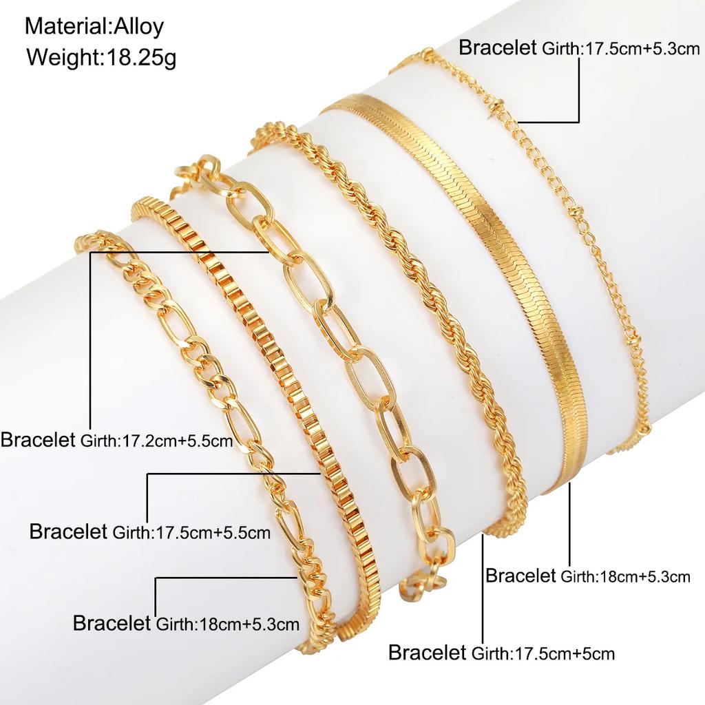 6Pcs Minimalist Gold Color Bracelet Set For Women Boho Retro Thick Twist Cuban Chain Bracelet Trendy Quality Jewelry Party Gifts