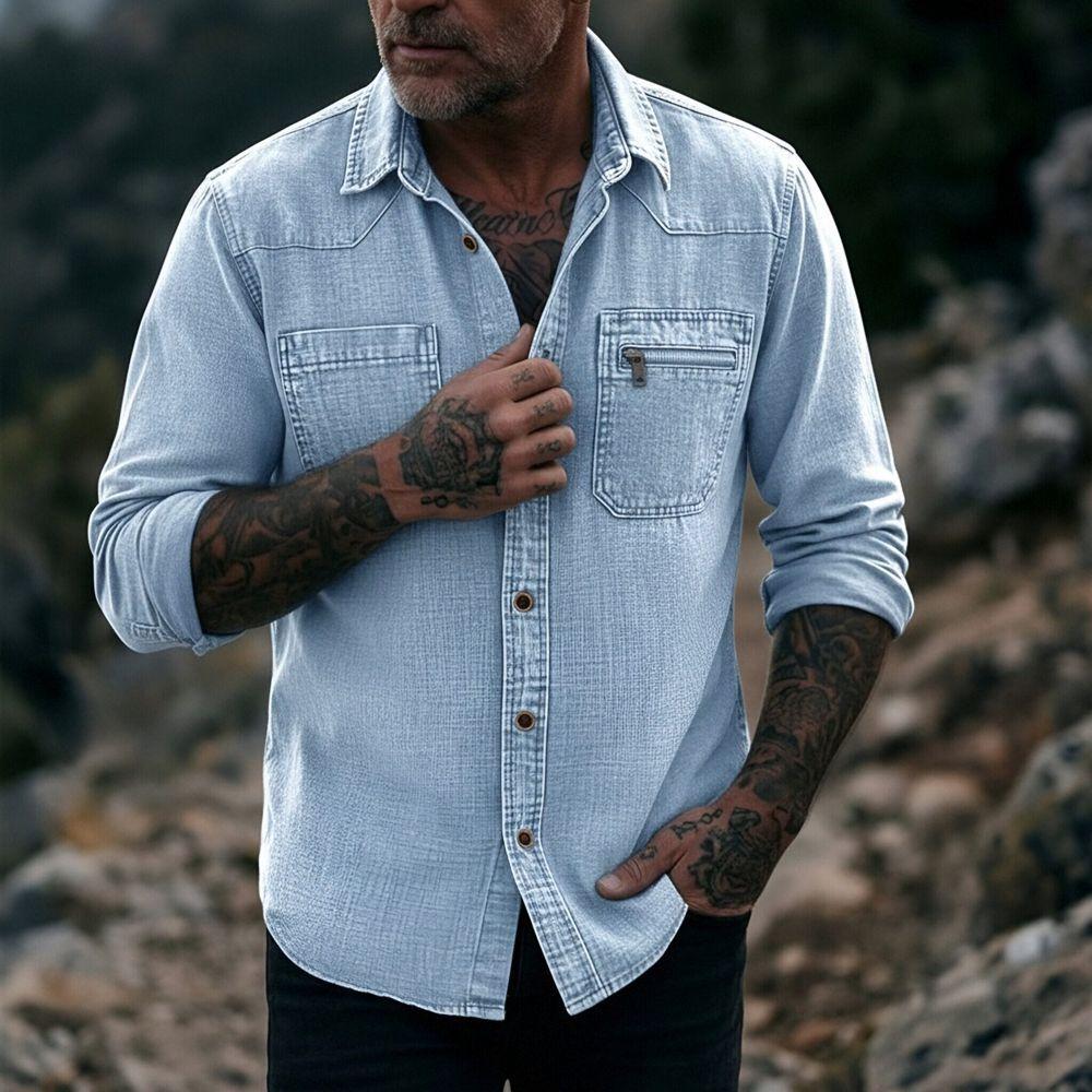 Camicia da uomo vintage in denim lavato a maniche lunghe con bottoni e tasca con zip, casual, da lavoro
