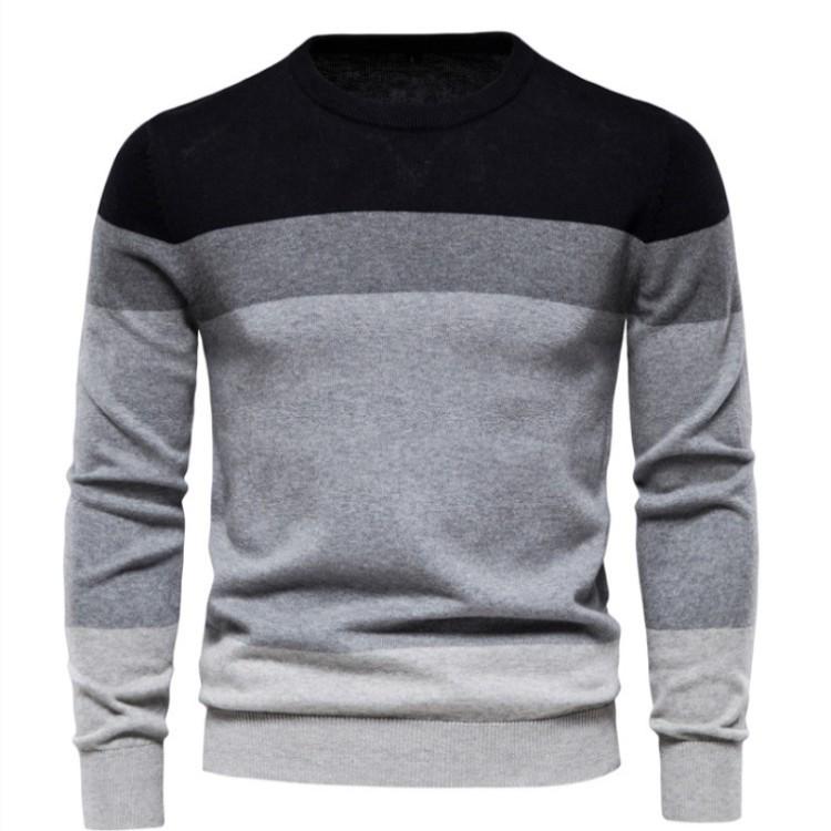 Men's Striped Knit Pullover Sweater - Youth Style, Round Neck, Spring/Autumn Wear