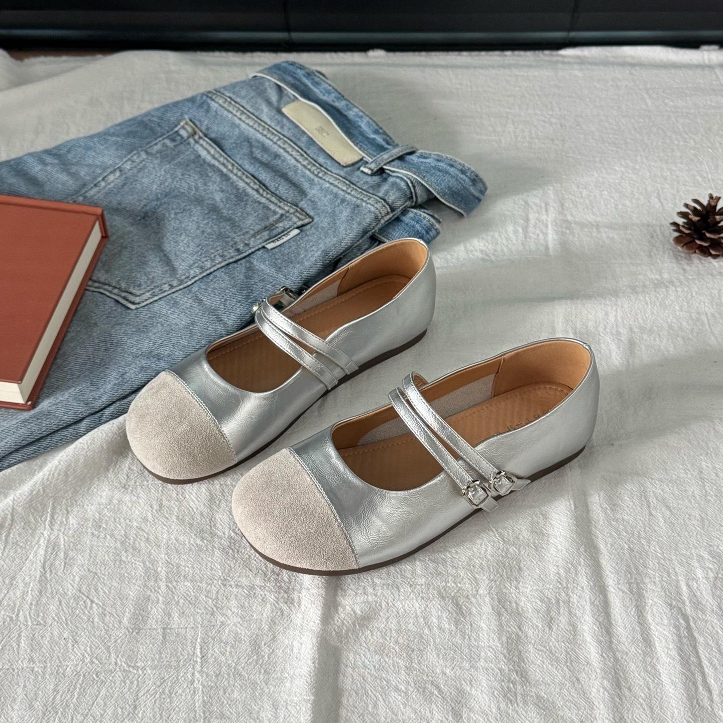 

Женские туфли Мэри Джейн 2025 новая летняя французская ретро универсальная модель с открытым вырезом под юбку туфли Doudou мягкая подошва одинарные туфли женские 39 серебряный