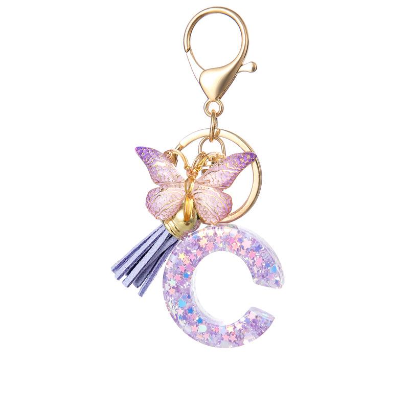 A-Z Alphabet Resin Keychain Purple Butterfly Tassel Pendant Classic Retro Durable Women Bag Accessory Practical Backpack Hanging Charm
