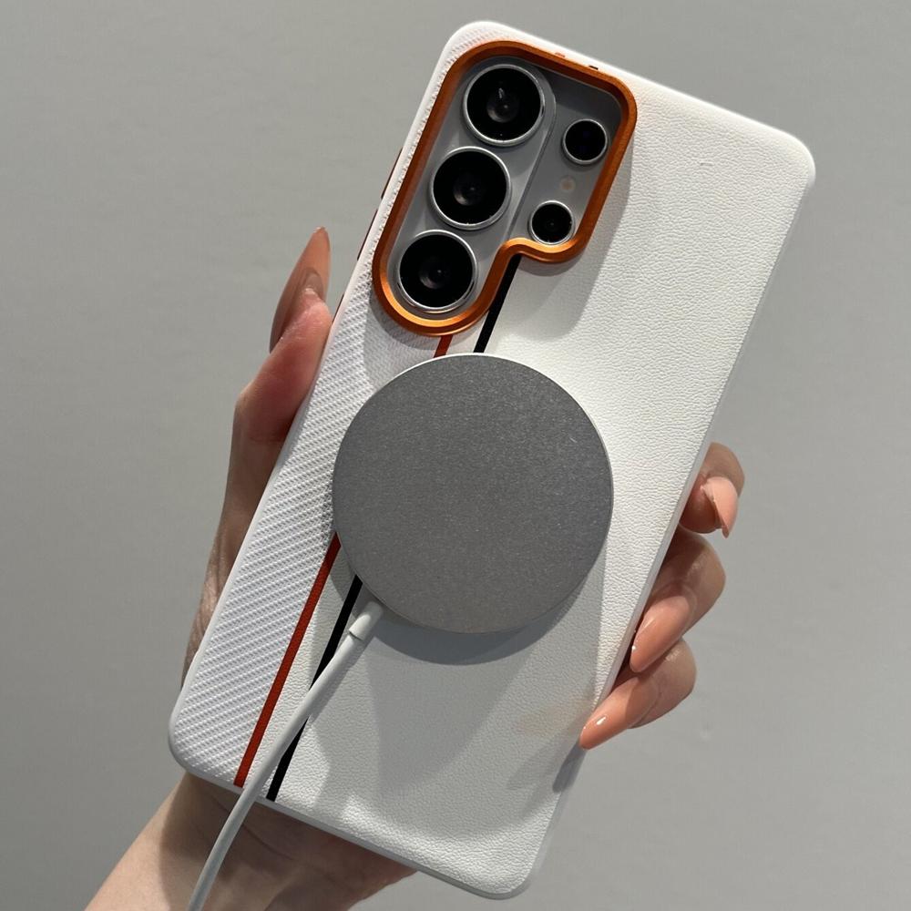 Luxury Color-block Dual-Line for Magsafe Phone Case for Samsung Galaxy S26 Ultra S25 Edge S24 Ultra Plus Orange Lens Frame Cover