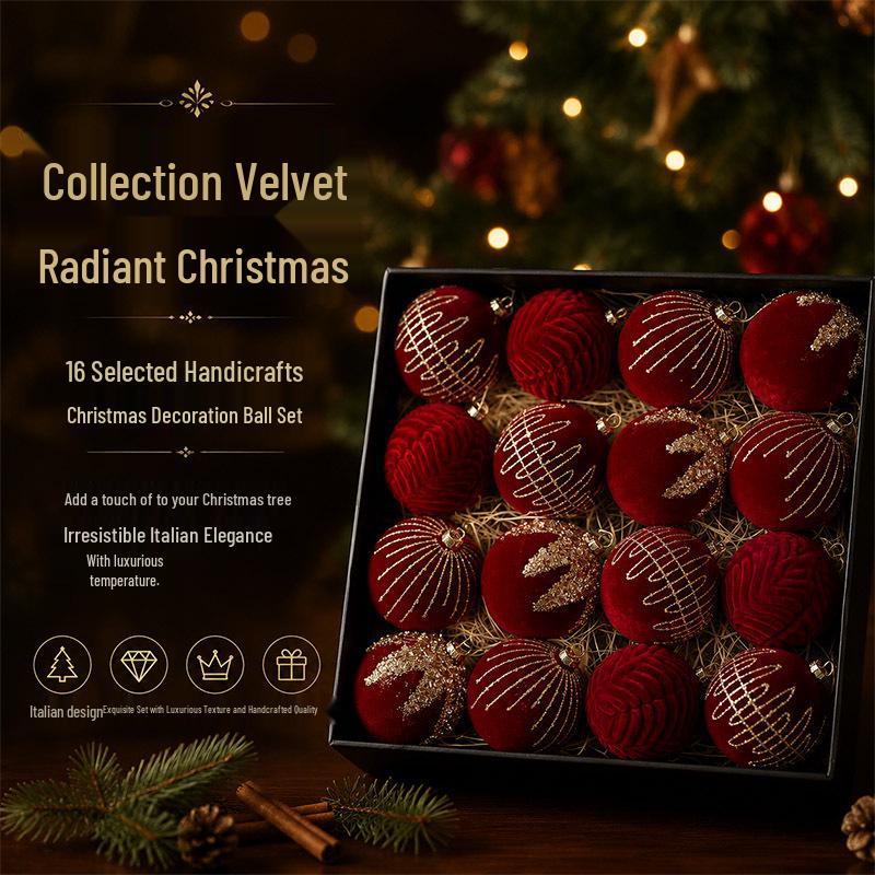 Wine Red Velvet Rhinestone Christmas Ball Pendant Set