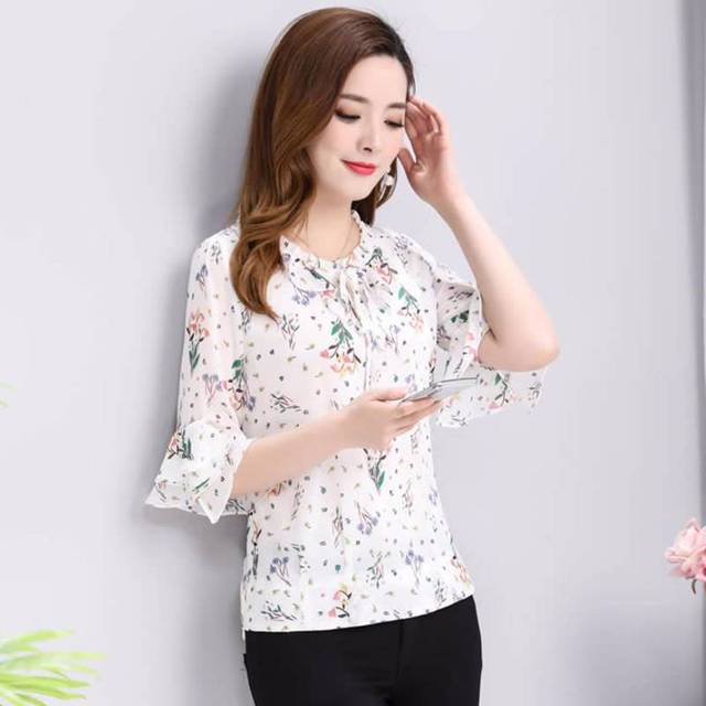 New Half Sleeve Blouse for Women's Clothing Floral Chiffon Shirt Bow Ruffled Pullovers Top S-5XL