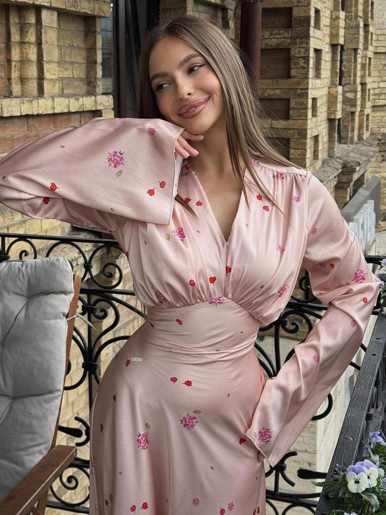 2025 Spring High-End French V-Neck Satin Print Swing Dress
