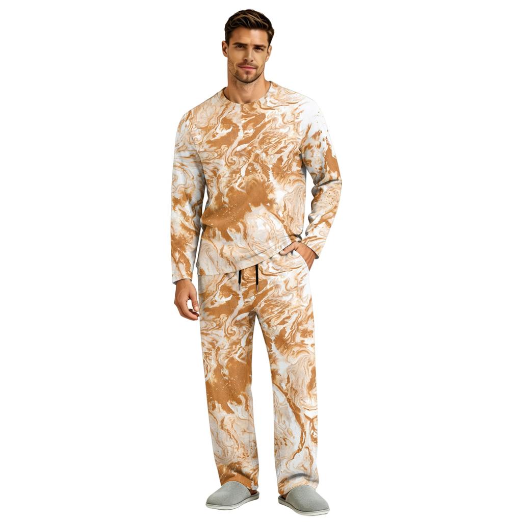 Men's Pajama Set Long Sleeve Top and Long Pants with Button Crotch and Elastic Drawstring Waist for Home Loungewear