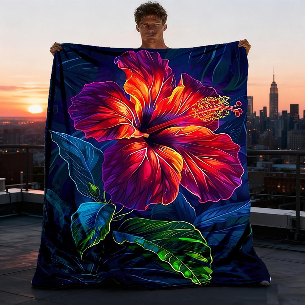 1pc Hibiscus Flower Print Throw Blanket Polyester Fiber, Lightweight Flannel, Soft & Warm, All Season Use for Outdoor, Camping Digital Print